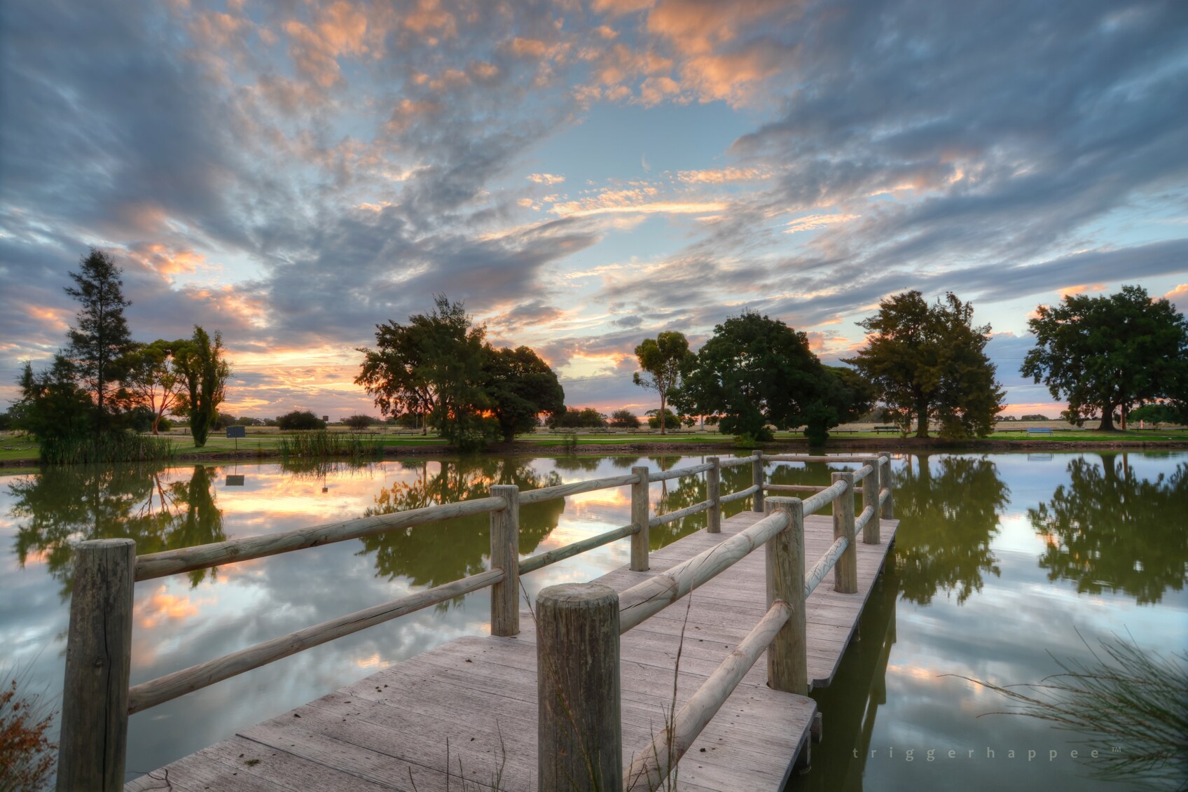 Sunset over the jetty at McCaughey Park in Yanco Leeton Shire NSW