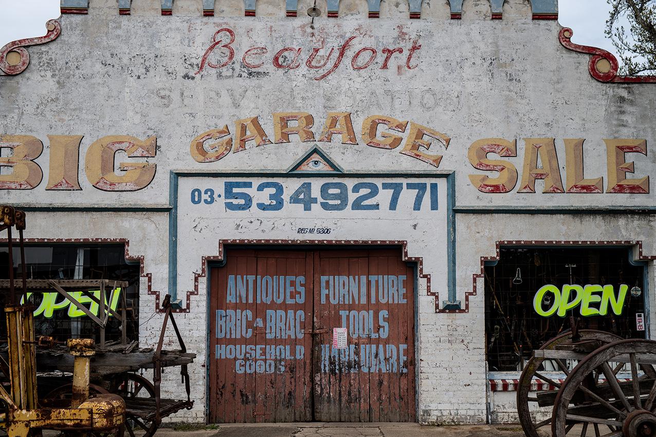 The well-preserved painted exterior of the motor vehicle shop in Beaufort, Pyrenees, Victoria