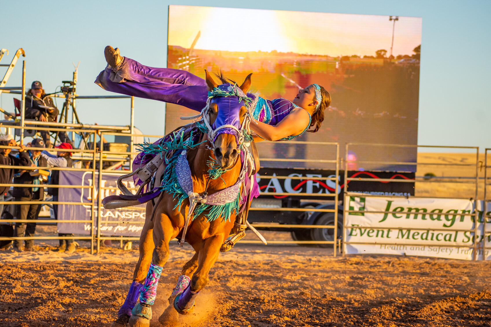 A colourfully dressed trick rider at Rodeo by the Sea in Streaky Bay