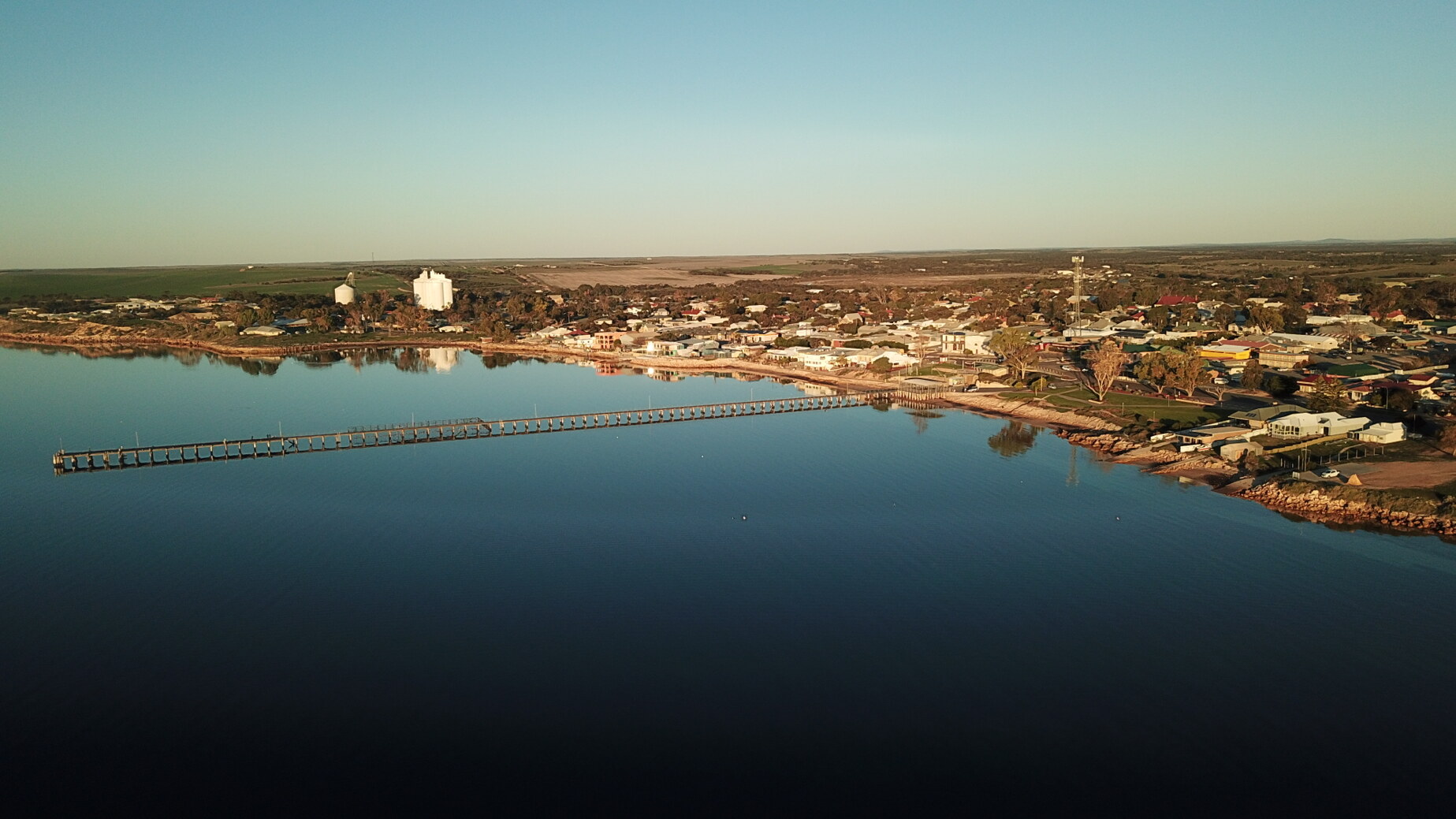 An aerial photograph of Streaky Bay in the golden afternoon sunlight