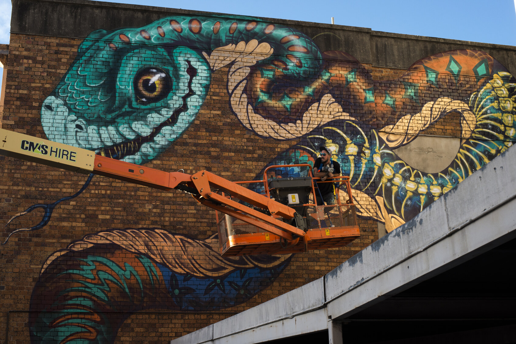 A snake being painted onto a brick wall by a man in a cherry picker street art Toowoomba Queensland